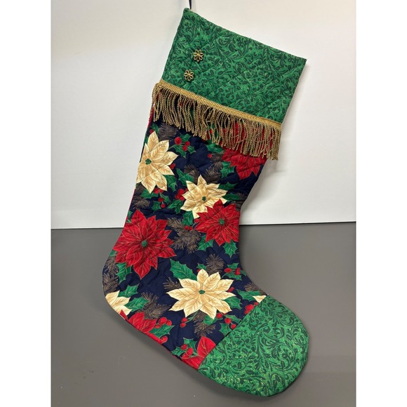 Other - Vintage Quilted Christmas Stocking Poinsettia Floral Gold Fringe Green Cuff 26in